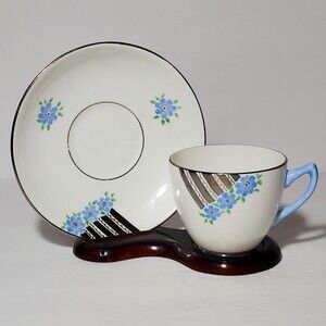 Windsor Teacup and Saucer Art Deco Blue Flowers Vintage